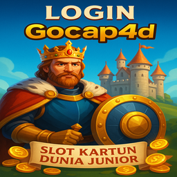 Raja bergaya kartun berdiri di depan kastil dengan perisai emas dan koin mengelilingi, menggambarkan tema kemenangan elite dari Gocap4d di Dunia Junior.