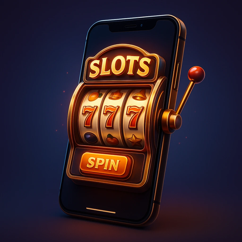 Ilustrasi 3D slot modern pada smartphone dengan tampilan 777 dan tombol spin menyala, menggambarkan kemewahan game mobile interaktif.